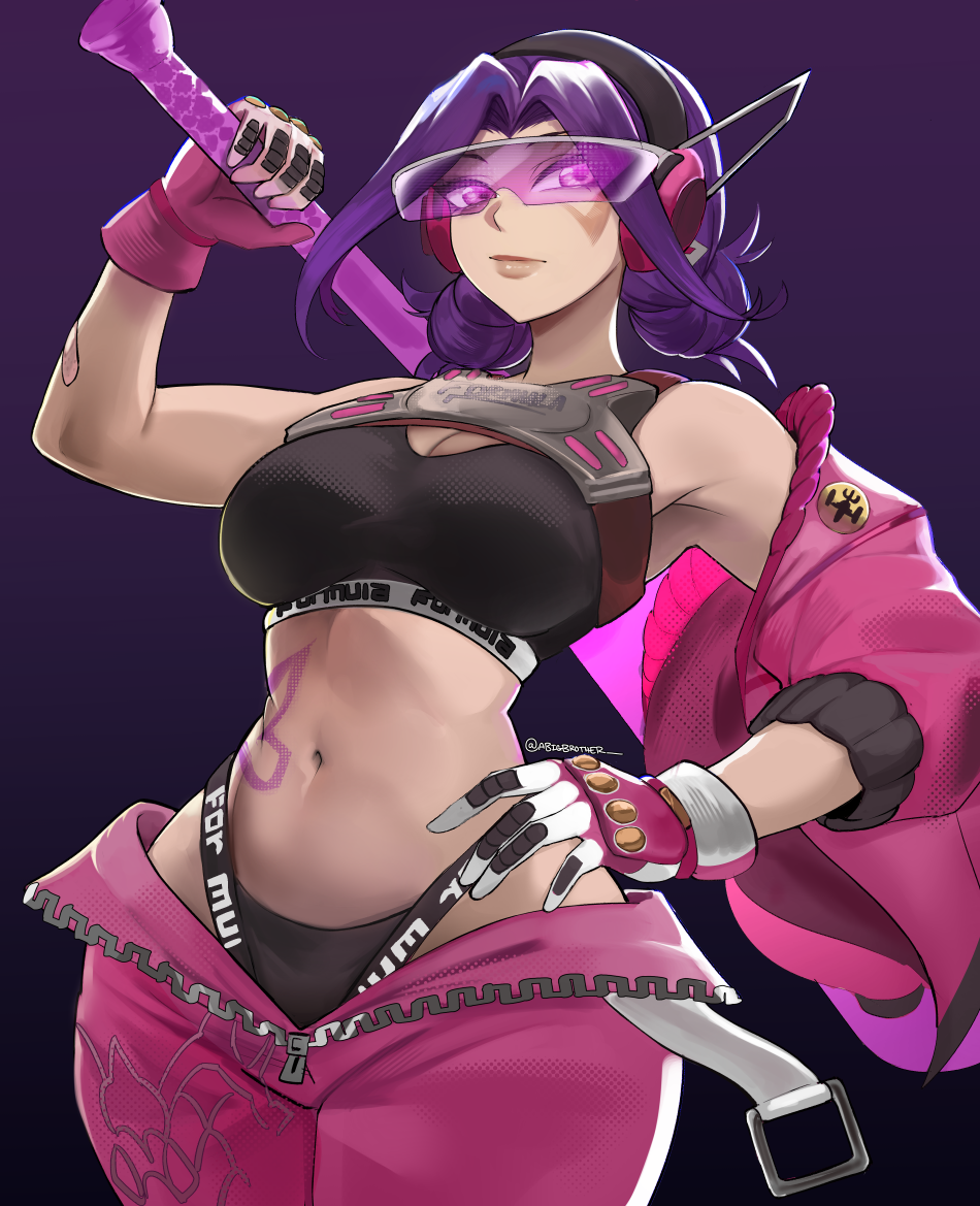 a big brother, psylocke, psylocke (fleeting butterfly), marvel, marvel rivals, x-men, bilingual commentary, commentary, mixed-language commentary, 1girl, artist name, bare shoulders, baseball bat, black sports bra, black sports panties, bra, breasts, butterfly tattoo, closed mouth, double bun, glasses, gloves, hair bun, hand on own hip, headphones, holding, holding baseball bat, holding weapon, large breasts, looking at viewer, navel, official alternate costume, official alternate hairstyle, pink gloves, purple eyes, purple hair, short hair, solo, sports bra, sports panties, sunglasses, tattoo, twitter username, two-tone gloves, underwear, weapon, white gloves