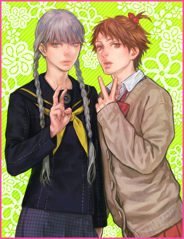 hanamura yousuke, narukami yu, atlus, persona, persona 4, silver hair, 2boys, braid, brown eyes, brown hair, crossdressing, crossdressing (mtf), grey eyes, long hair, male focus, multiple boys, realistic, school uniform, serafuku, short hair, side ponytail, trap, twin braids, v