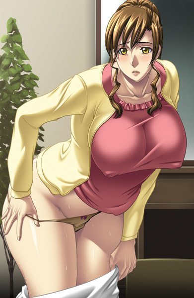 midou tsukasa, onodera fusae, black package, hensai seido, game cg, 1girl, blush, bow, bow panties, breasts, brown hair, cardigan, chair, covered erect nipples, cowboy shot, curvy, desk, embarrassed, female focus, huge breasts, indoors, kneeling, large breasts, leaning forward, legs together, mature female, panties, plant, red bow, solo, sweat, thick thighs, thighs, underwear, undressing, wet, wide hips, yellow cardigan, yellow eyes, yellow panties