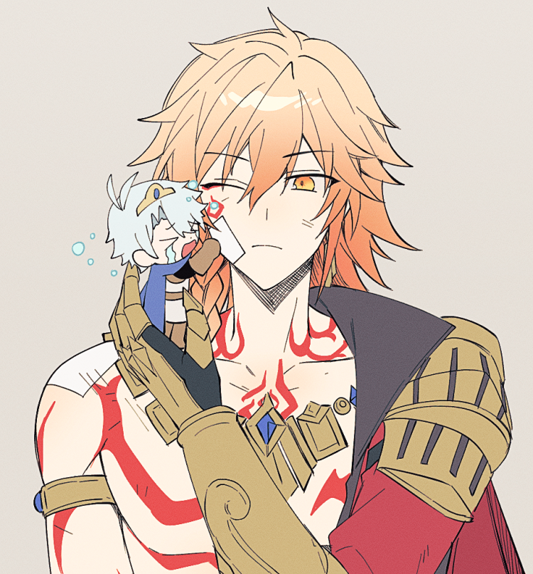 bl tarock, mydei (honkai: star rail), phainon (honkai: star rail), honkai: star rail, honkai (series), 2boys, antenna hair, arm tattoo, armlet, black coat, blonde hair, blue cape, braid, cape, chest tattoo, chibi, clawed gauntlets, coat, earrings, facial tattoo, gold earrings, gold necklace, gradient hair, grey background, holding chibi, jewelry, male focus, medium hair, multicolored hair, multiple boys, necklace, one eye closed, open clothes, open coat, red hair, red tattoo, side braid, simple background, tattoo, tears, white coat, white hair, yaoi, yellow eyes