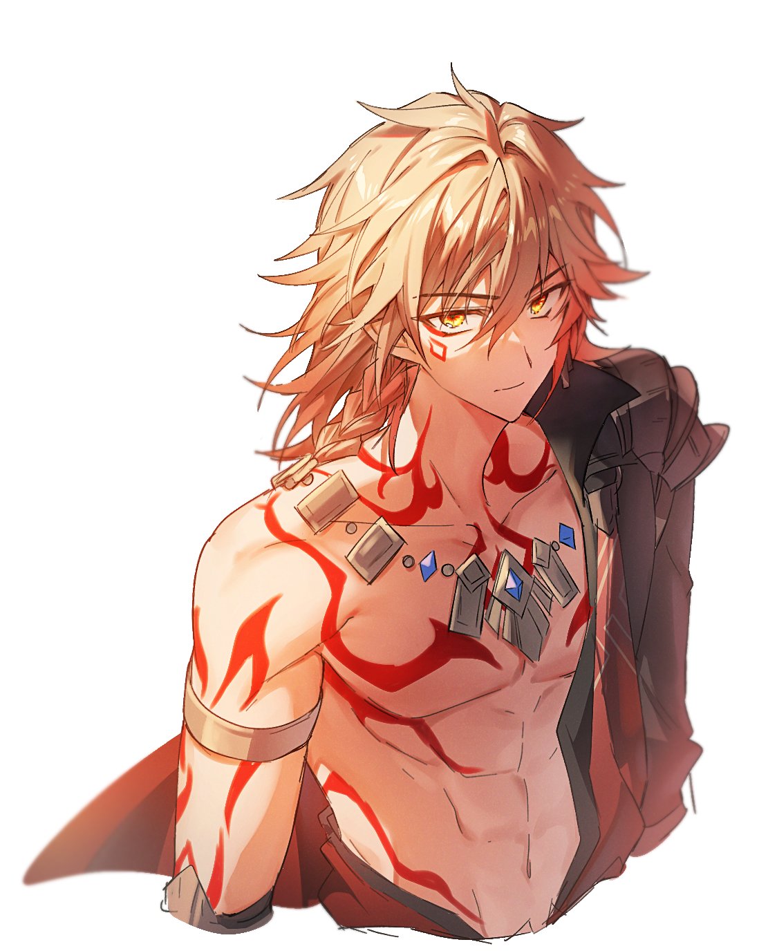 bl tarock, mydei (honkai: star rail), honkai: star rail, honkai (series), highres, 1boy, abs, arm tattoo, armlet, black coat, blonde hair, braid, chest tattoo, clawed gauntlets, coat, earrings, facial tattoo, gold earrings, gold necklace, gradient hair, jewelry, male focus, medium hair, multicolored hair, necklace, open clothes, open coat, red hair, red tattoo, side braid, simple background, solo, tattoo, toned, toned male, white background, yellow eyes