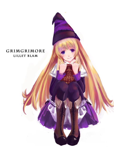 natsuki0104, lillet blan, grimgrimoire, nippon ichi, bad id, bad pixiv id, 1girl, blonde hair, bloomers, book, boots, capelet, dress, female focus, hat, long hair, pantyhose, poncho, purple eyes, sitting, smile, solo, underwear, witch, witch hat, wizard hat