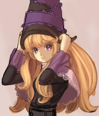 lillet blan, grimgrimoire, nippon ichi, lowres, 1girl, blonde hair, dress, female focus, hat, long hair, poncho, purple eyes, smile, solo, witch, witch hat, wizard hat