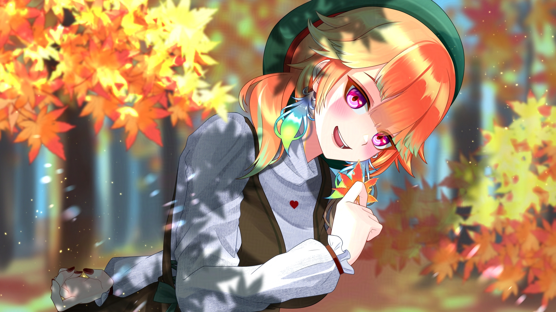 hrk itoshi, takanashi kiara, takanashi kiara (winter casual), hololive, hololive english, highres, 1girl, :d, autumn leaves, blush, earrings, feather earrings, feathers, green hat, grey sweater, hand up, hat, jewelry, leaf, light particles, looking at viewer, open mouth, orange hair, purple eyes, red nails, smile, solo, sweater, turtleneck, turtleneck sweater, virtual youtuber