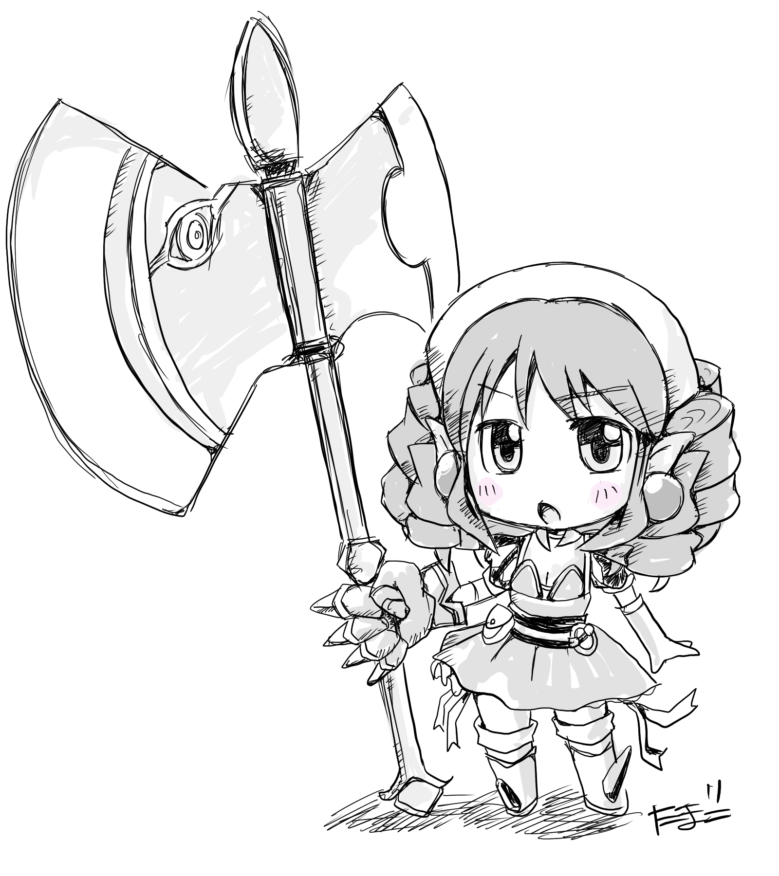 iron princess ymir, ymir (queen's blade), queen's blade, highres, 00s, armor, armored dress, axe, boots, chibi, dress, drill hair, earrings, elbow gloves, flat chest, gauntlets, gloves, greyscale, hairband, jewelry, monochrome, pointy ears, skirt, solo, thighhighs, weapon, zettai ryouiki