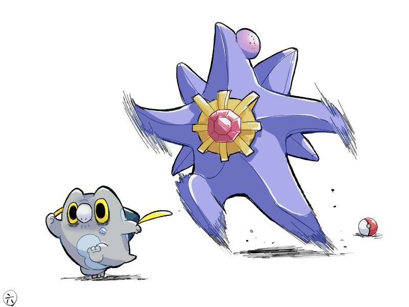 rokushima113, frigibax, mega starmie, starmie, nintendo, pokemon, 2others, gen 1 pokemon, injury, mega pokemon, motion lines, multiple others, no humans, poke ball, poke ball (basic), pokemon (creature), pokemon focus, running, simple background, star (symbol), white background