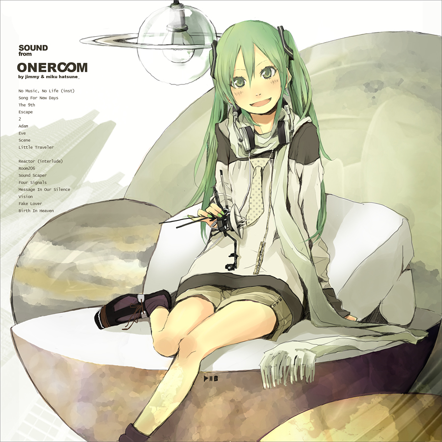 yoshito, hatsune miku, voyager, vocaloid, bad id, bad pixiv id, 1girl, black socks, fashion, female focus, green eyes, green hair, green nails, grey necktie, hair between eyes, headphones, light bulb, matching hair/eyes, nail polish, necktie, saturn (planet), scarf, sitting, smile, socks, solo, spacecraft