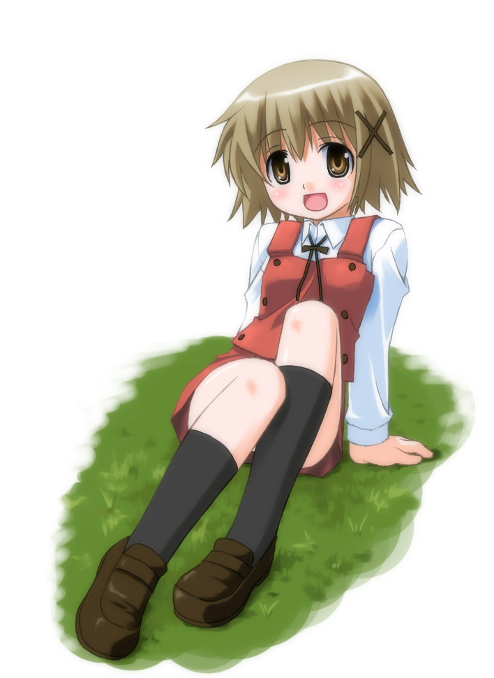 umekichi, yuno (hidamari sketch), hidamari sketch, bad id, bad pixiv id, 00s, 1girl, :d, brown eyes, brown hair, female focus, full body, kneehighs, loafers, looking at viewer, on grass, open mouth, school uniform, shoes, sitting, smile, socks, solo, white background, yamabuki high school uniform