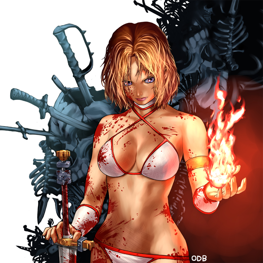 odb, tyris flare, golden axe, sega, duplicate, 1girl, arcade, bare shoulders, bikini, blonde hair, blood, blood splatter, blue eyes, breasts, choker, cleavage, fire, large breasts, lips, lipstick, magic, makeup, midriff, short hair, skeleton, swimsuit, sword, video game, weapon