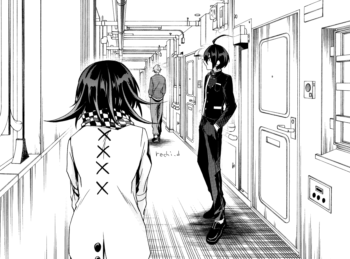 kinashi runamu, amami rantaro, oma kokichi, saihara shuichi, danganronpa (series), danganronpa v3: killing harmony, commentary request, 3boys, ahoge, artist name, buttons, checkered clothes, checkered scarf, collared jacket, cross-laced clothes, cross-laced top, door, flipped hair, from behind, greyscale, hair between eyes, hallway, hands in pockets, indoors, jacket, long sleeves, male focus, medium hair, monochrome, multiple boys, pants, scarf, shirt, short hair, standing, striped clothes, striped shirt, two-tone scarf, walking