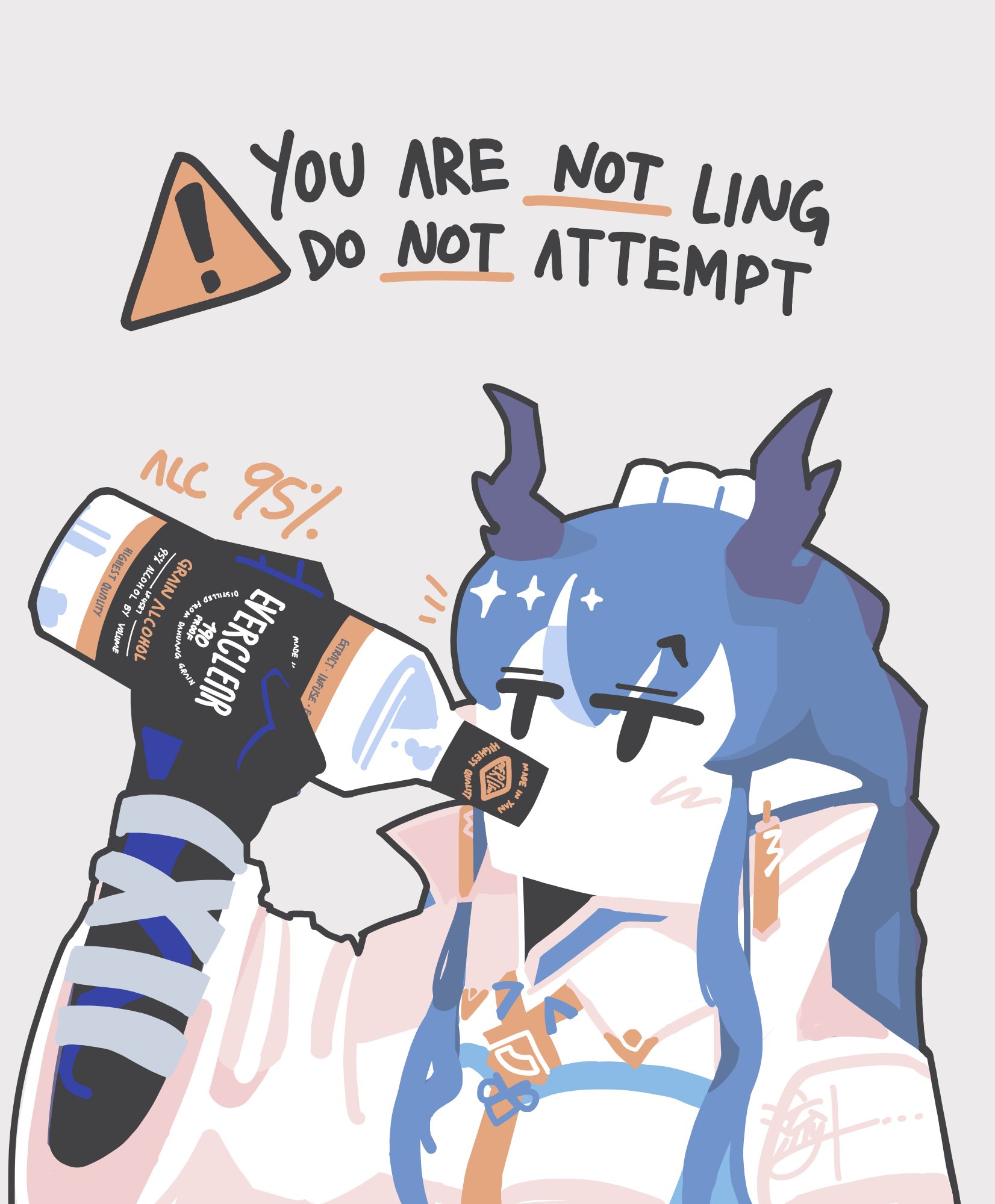thatpebble, ling (arknights), arknights, highres, 1girl, alcohol, blue hair, blue horns, blush, bottle, character name, dragon girl, dragon horns, drinking, earrings, english text, glass bottle, grey background, holding, holding bottle, horns, jewelry, long hair, long sleeves, necktie, no pupils, pointy ears, sign, simple background, solo, tassel, tassel earrings, upper body, warning sign, yellow necktie