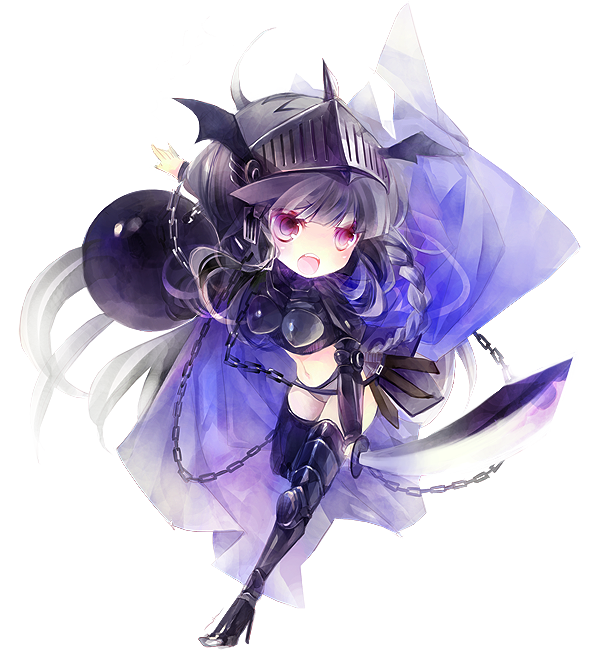 shimeko, bad id, bad pixiv id, armor, braid, chain, full body, grey hair, helmet, high heels, midriff, panties, purple eyes, shoes, solo, sword, transparent background, underwear, weapon