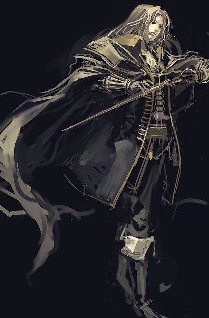 junny, alucard (castlevania), castlevania: symphony of the night, castlevania (series), konami, silver hair, 1boy, bishounen, boots, cape, dhampir, gloves, half-human, long hair, male focus, solo, sword, undead, vampire, very long hair, weapon