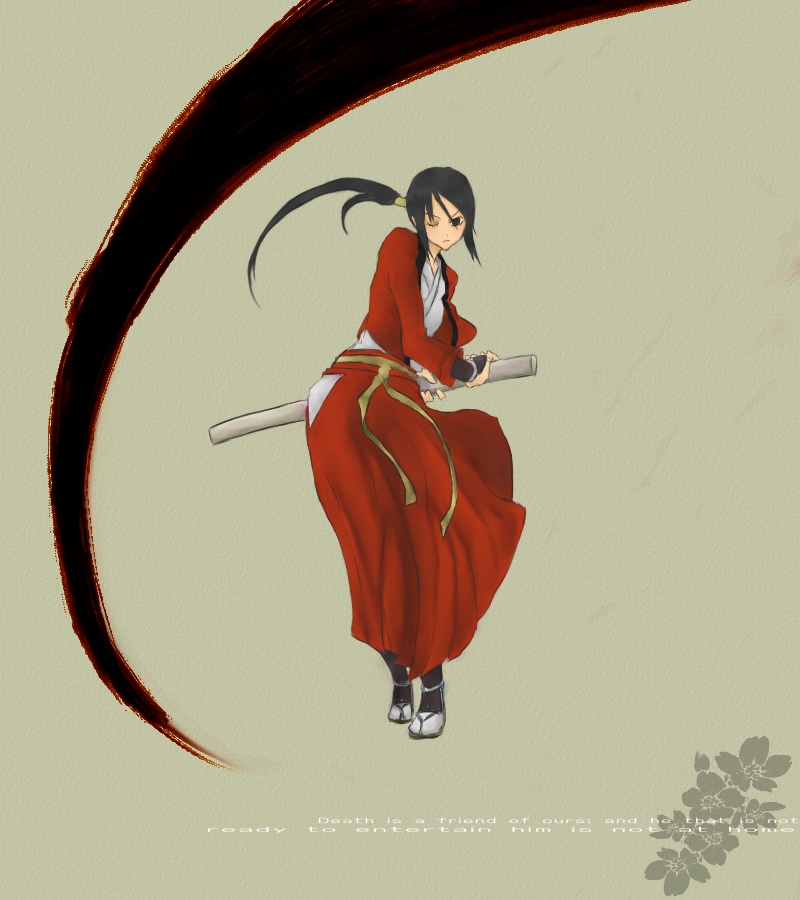 takane hibiki, bakumatsu rouman, bakumatsu rouman dainimaku, snk, 1girl, black eyes, black hair, brown eyes, female focus, fighting stance, hakama, hakama skirt, japanese clothes, katana, kimono, long hair, one eye closed, ponytail, ready to draw, red hakama, sheath, sheathed, shirasaya, skirt, solo, sword, weapon, wink