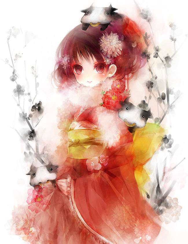 shimeko, bad id, bad pixiv id, blush, cow, flower, japanese clothes, kimono, red eyes, red hair, smile, solo