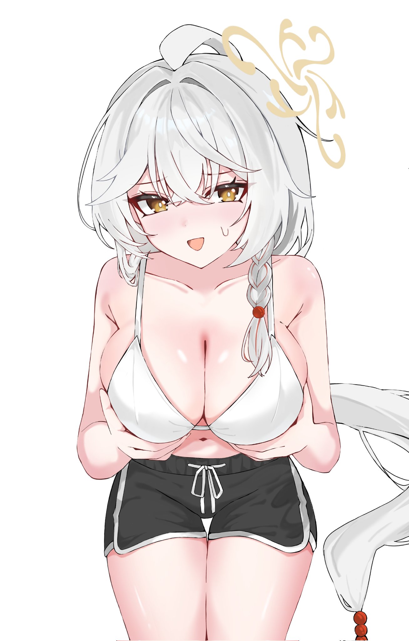 eri (blue archive), blue archive, commentary, highres, 1girl, ahoge, alternate costume, aramonn chan019, bare arms, bare shoulders, black shorts, blush, bra, breasts, bright pupils, cleavage, collarbone, cowboy shot, crossed bangs, dolphin shorts, eyes visible through hair, grabbing own breast, hair between eyes, hair bobbles, hair intakes, hair ornament, halo, large breasts, long hair, looking at viewer, navel, open mouth, ponytail, presenting breasts, shorts, simple background, sitting, solo, sweatdrop, thigh gap, thighs, tilted halo, tsurime, underwear, very long hair, white background, white bra, white hair, white pupils, yellow eyes, yellow halo