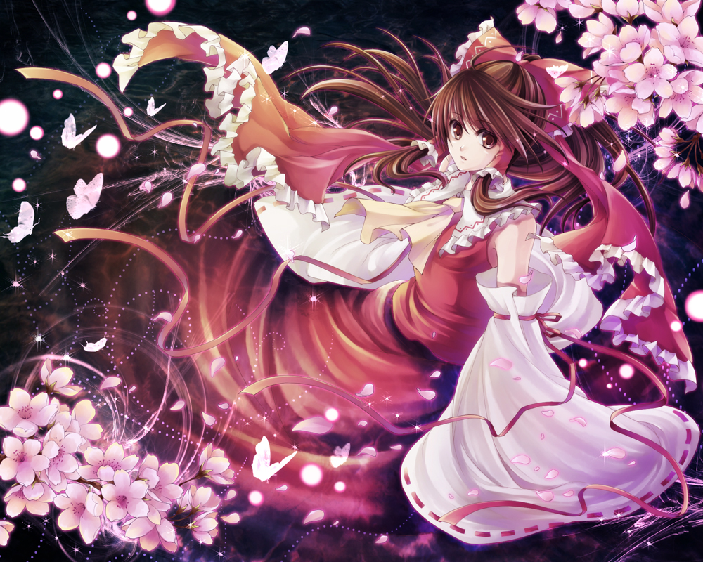 hagiwara rin, hakurei reimu, touhou, bad id, bad pixiv id, 1girl, ascot, bow, brown eyes, brown hair, bug, butterfly, cherry blossoms, collar, detached sleeves, female focus, flower, frilled bow, frilled shirt collar, frills, hair bow, insect, japanese clothes, long hair, looking at viewer, miko, red bow, red ribbon, red shirt, red skirt, ribbon, ribbon-trimmed sleeves, ribbon trim, shirt, skirt, solo, white collar, wide sleeves, yellow ascot