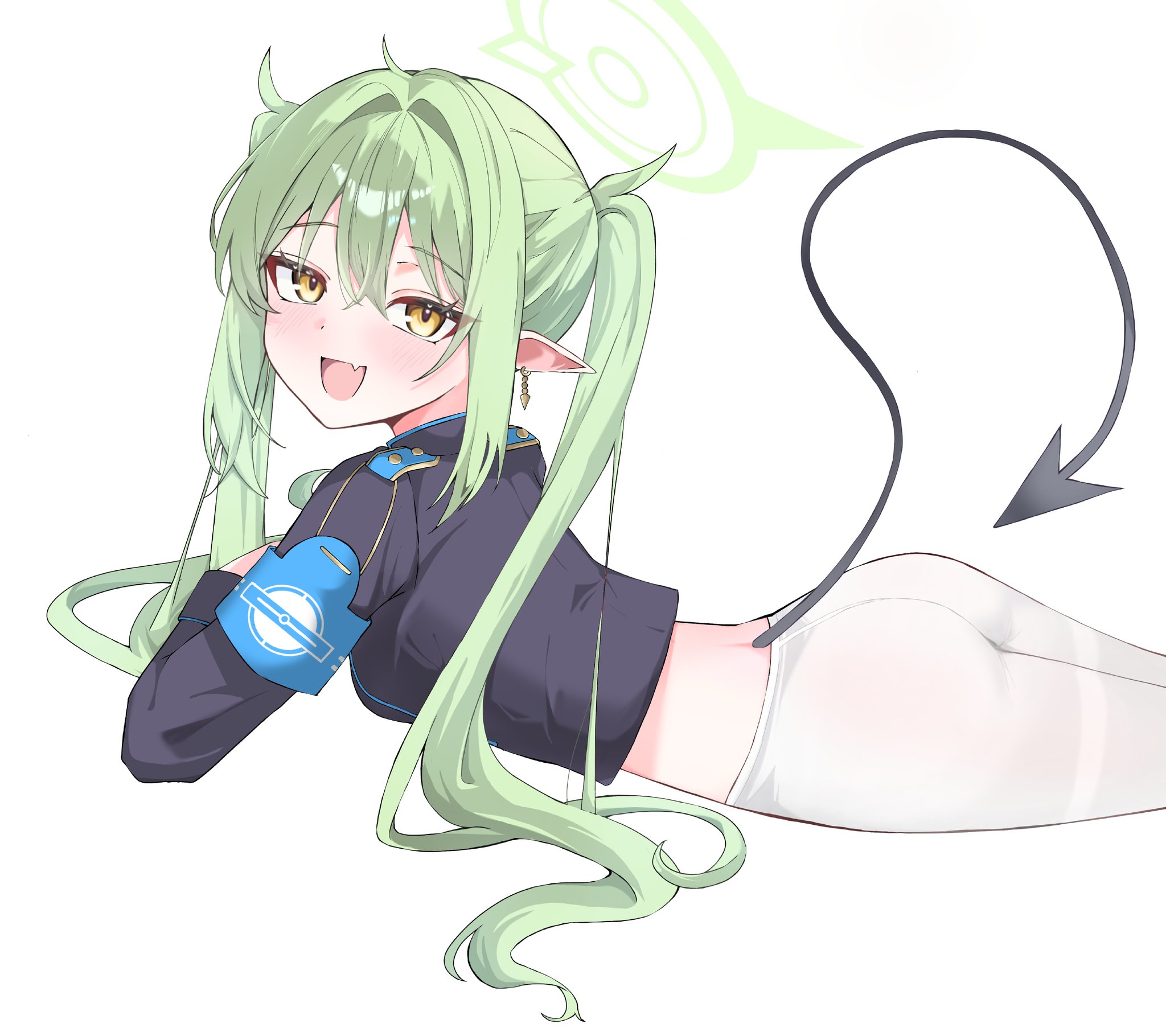 nozomi (blue archive), blue archive, commentary request, highres, 1girl, aramonn chan019, ass, blue vest, breasts, demon girl, demon tail, earrings, fang, green hair, green halo, halo, jewelry, long hair, looking at viewer, lying, on stomach, open mouth, pantyhose, pointy ears, simple background, skin fang, small breasts, solo, tail, twintails, very long hair, vest, white background, white pantyhose, yellow eyes