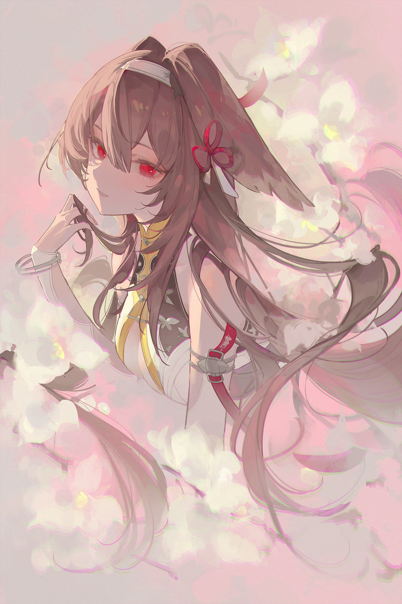 wanwu (nighmist), ye shunguang, zenless zone zero, highres, 1girl, arm strap, bracelet, breasts, brown hair, cherry blossoms, chinese clothes, cleavage, cleavage cutout, clothing cutout, dress, hair ornament, hair ribbon, hairband, jewelry, lipstick, long hair, looking at viewer, makeup, medium breasts, pink background, pink lips, playing with own hair, red eyes, red ribbon, ribbon, silver bracelet, sleeveless, sleeveless turtleneck, solo, standing, teeth, turtleneck, very long hair, white dress, white hairband
