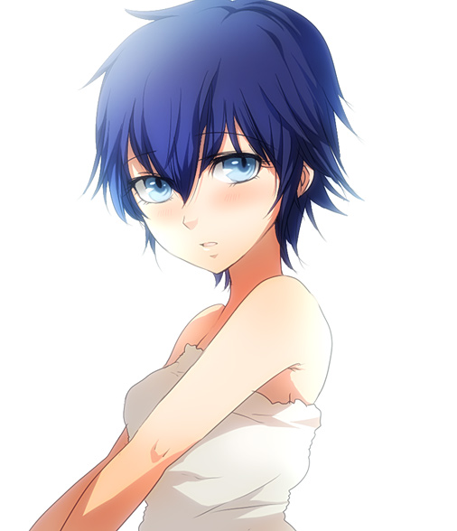 ang, shirogane naoto, atlus, persona, persona 4, 1girl, androgynous, blue eyes, blue hair, blush, female focus, matching hair/eyes, reverse trap, short hair, solo