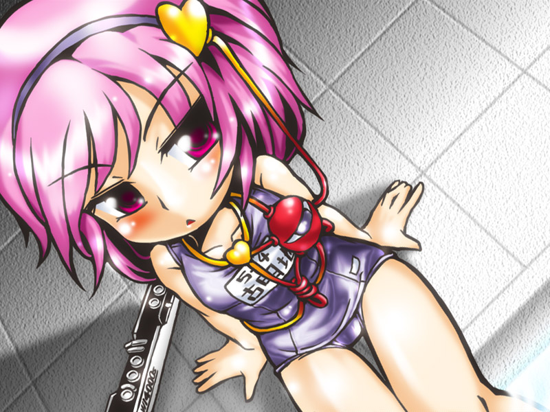 winn, komeiji satori, touhou, 1girl, electric wind instrument, female focus, hairband, instrument, name tag, one-piece swimsuit, pink eyes, pink hair, purple one-piece swimsuit, purple school swimsuit, school swimsuit, solo, swimsuit