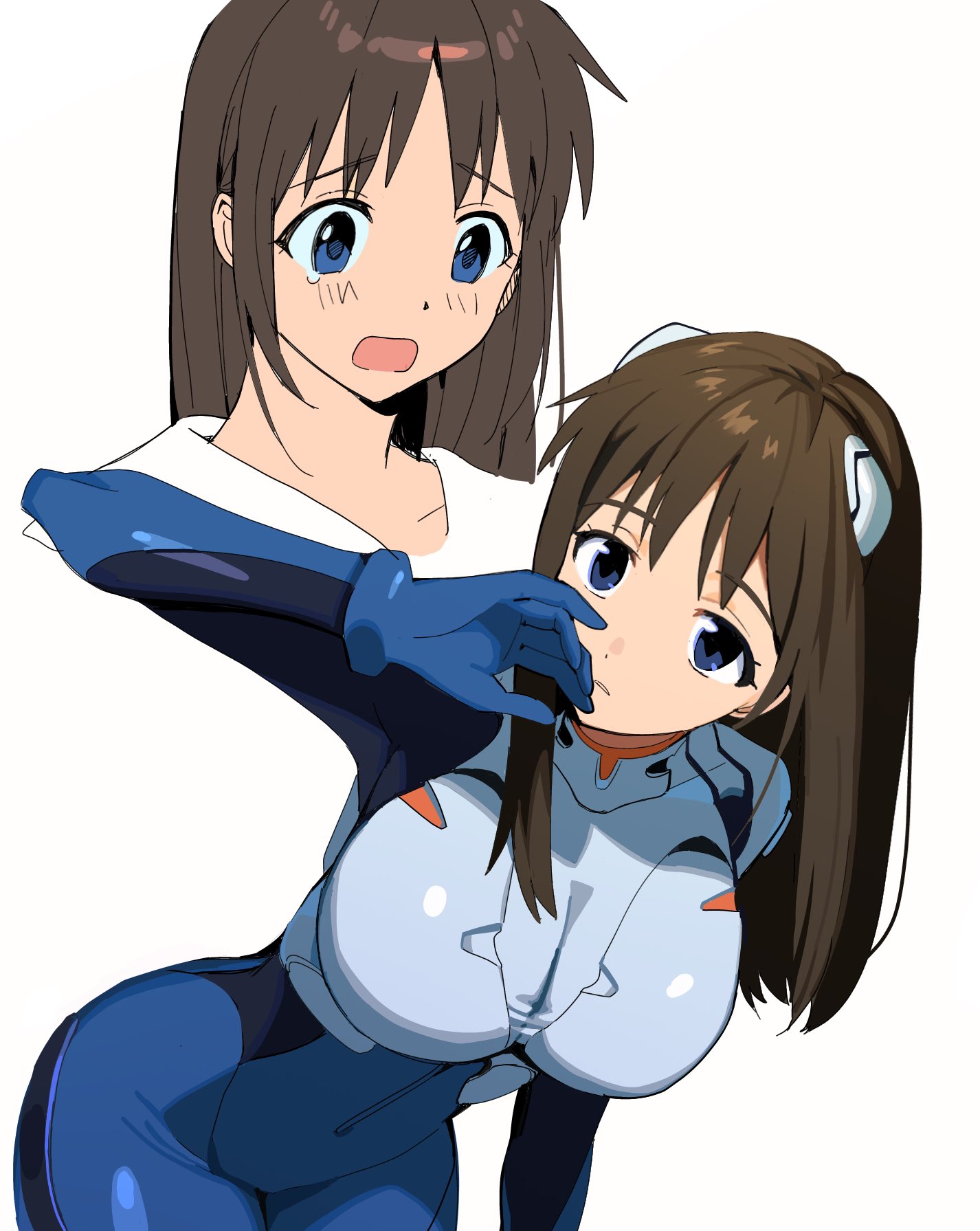 4zw89qkqagggcf7, ikari shinji, neon genesis evangelion, highres, 1girl, blue eyes, bodysuit, breasts, brown hair, cleavage, genderswap, genderswap (mtf), large breasts, long hair, mecha pilot suit, plugsuit (evangelion), simple background, white background