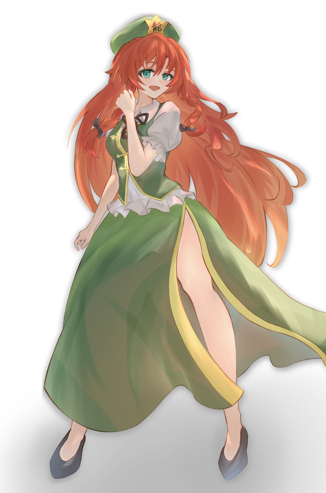 lugoner1430, hong meiling, touhou, commentary, highres, 1girl, bare arms, bare legs, beret, black bow, black ribbon, black shoes, bow, braid, braided sidelock, breasts, chinese clothes, frilled sleeves, frills, full body, green hat, green skirt, green vest, hair bow, hat, hat ornament, long hair, looking at viewer, medium breasts, neck ribbon, orange hair, puffy short sleeves, puffy sleeves, ribbon, shirt, shoes, short sleeves, simple background, skirt, skirt set, smile, solo, star (symbol), star hat ornament, straight hair, twin braids, very long hair, vest, white shirt