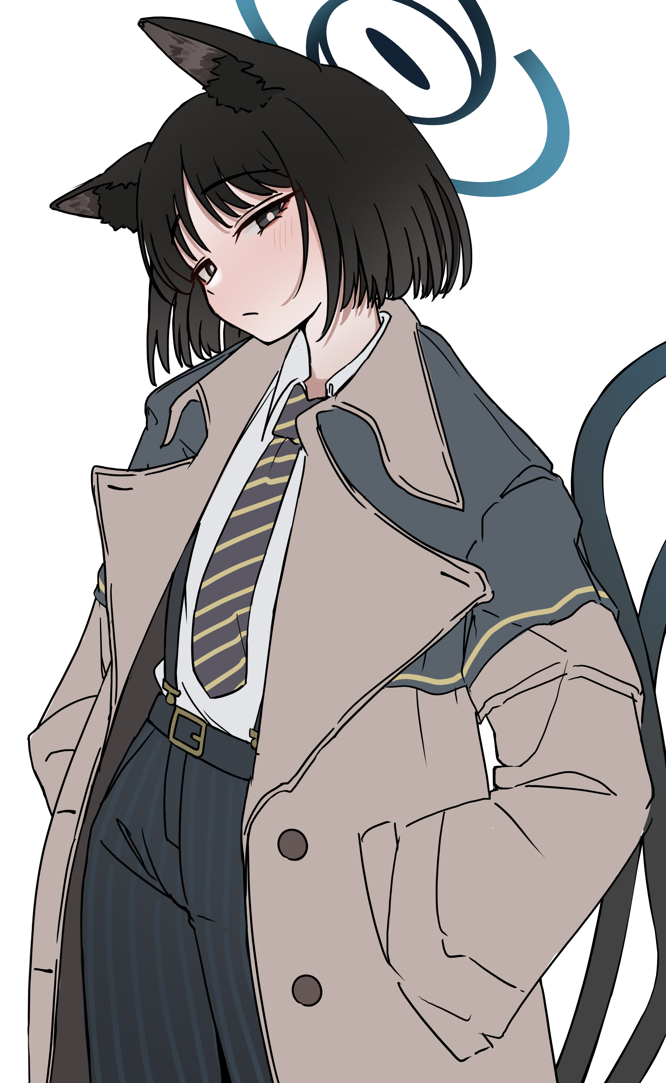 guwall, kikyou (blue archive), blue archive, absurdres, commentary request, highres, 1girl, alternate costume, animal ears, black eyes, black hair, black necktie, blue halo, brown coat, cat ears, cat girl, cat tail, closed mouth, coat, halo, looking at viewer, multiple tails, necktie, shirt, short hair, simple background, solo, striped necktie, tail, white background, white shirt
