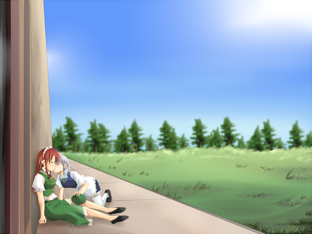 scopman, hong meiling, izayoi sakuya, embodiment of scarlet devil, touhou, bad id, bad pixiv id, 2girls, day, female focus, kiss, multiple girls, sky, yuri
