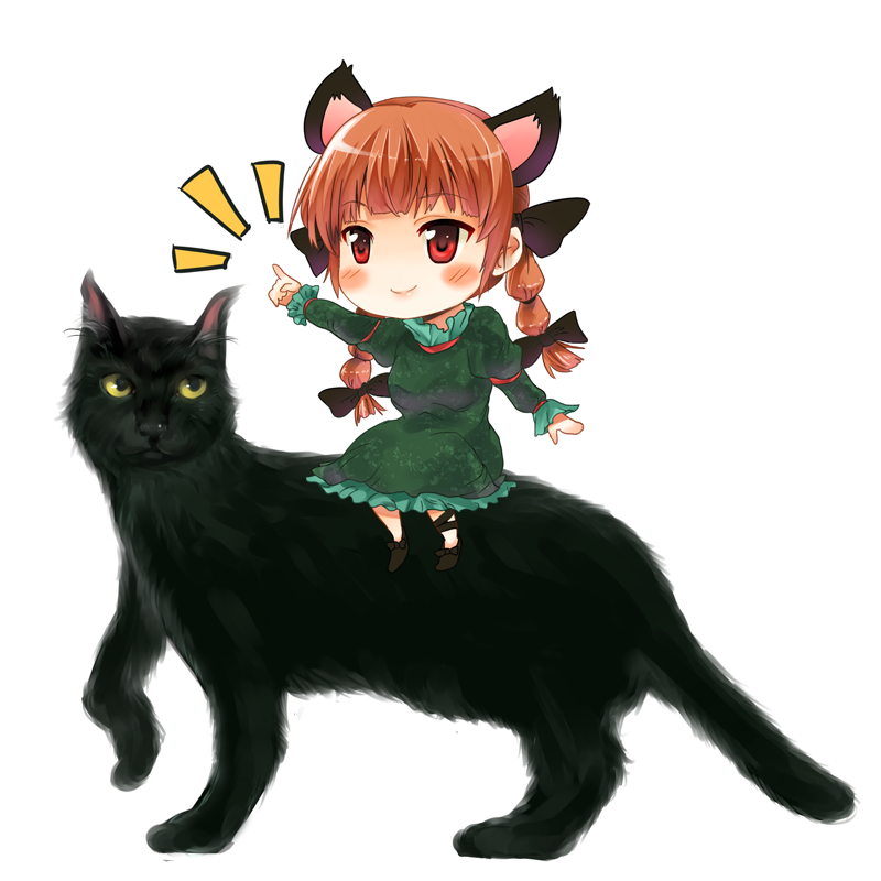 mamepon, kaenbyou rin, touhou, bad id, bad pixiv id, 1girl, animal ears, blue theme, braid, cat, cat ears, chibi, female focus, full body, red eyes, ribbon, sitting, solo, twin braids, white background