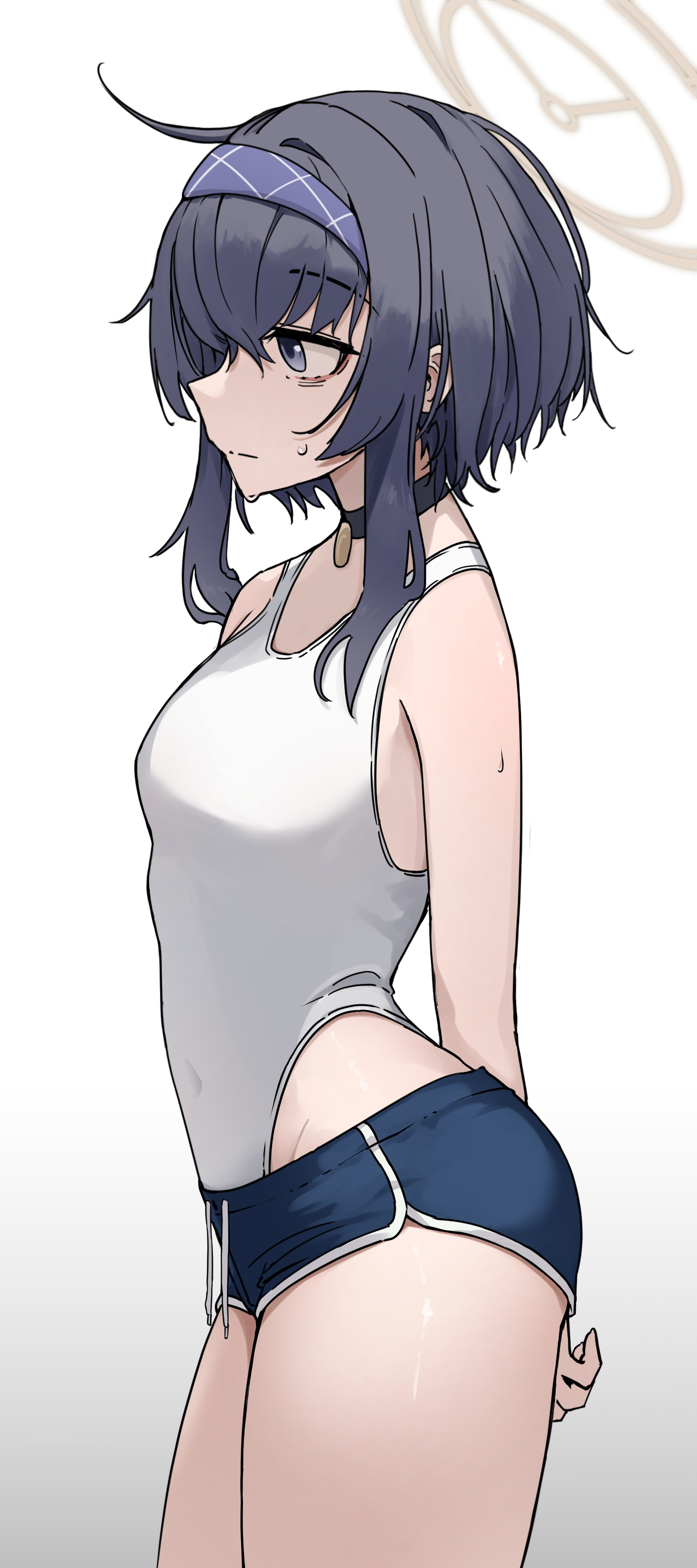 guwall, ui (blue archive), blue archive, absurdres, commentary, highres, 1girl, alternate costume, alternate hair length, alternate hairstyle, black choker, black hair, blue eyes, blue hairband, blue shorts, breasts, brown halo, choker, closed mouth, gradient background, grey background, hairband, halo, one-piece swimsuit, short hair, short shorts, shorts, small breasts, solo, standing, swimsuit, thighs, white one-piece swimsuit