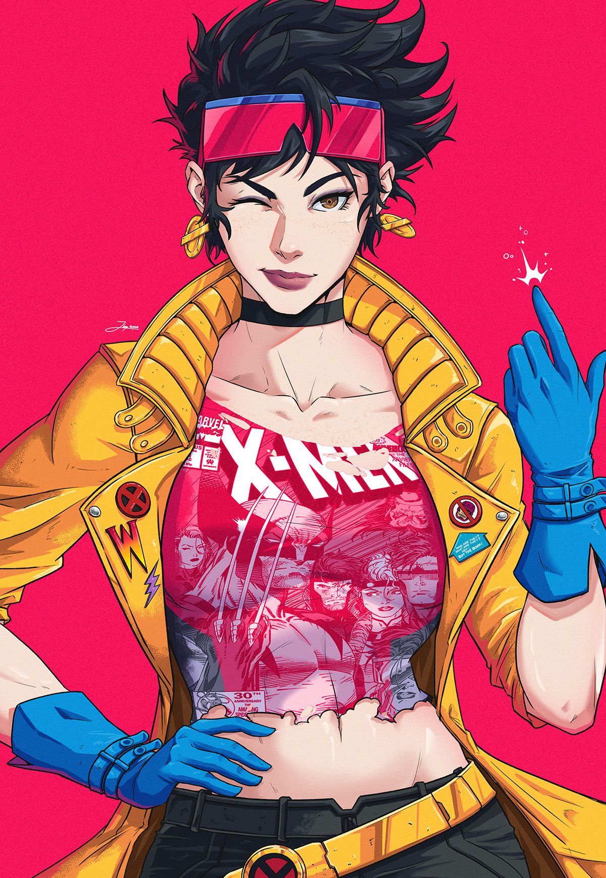jhony caballero, beast (x-men), cyclops (x-men), gambit, jean grey, jubilee, rogue (x-men), wolverine (x-men), marvel, x-men, commentary, highres, 1girl, artist name, black choker, black hair, black pants, blue gloves, brown eyes, choker, closed mouth, coat, collarbone, company name, copyright name, earrings, eyewear on head, gloves, hand on own hip, jewelry, looking at viewer, navel, one eye closed, pants, pink background, shirt, short hair, simple background, smile, solo, torn clothes, torn shirt, yellow coat