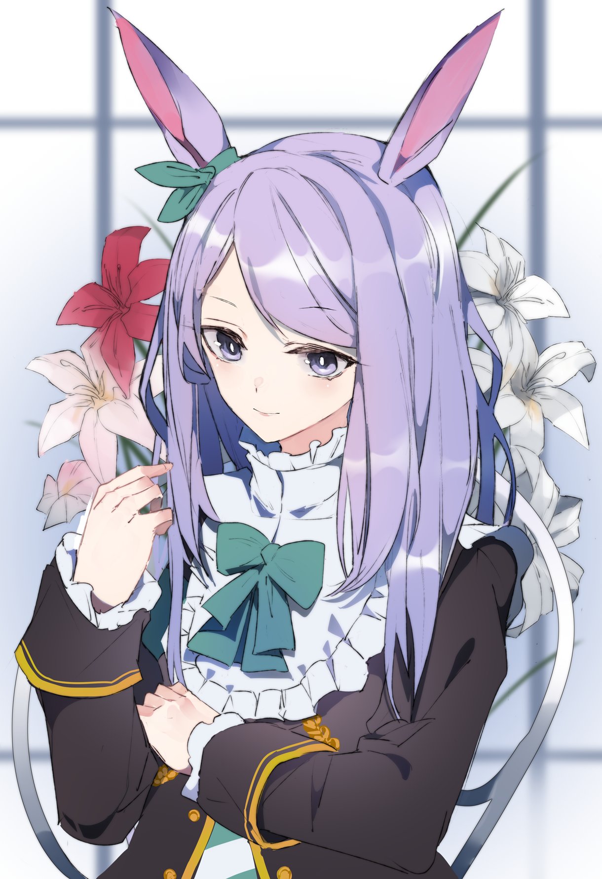 ikurauni, mejiro mcqueen (frontline elegance) (umamusume), mejiro mcqueen (umamusume), umamusume, highres, 1girl, animal ears, black coat, bow, bowtie, buttons, closed mouth, coat, ear bow, flower, green bow, green bowtie, green shirt, horse ears, horse girl, lily (flower), long hair, long sleeves, looking at viewer, pink flower, purple eyes, purple hair, red flower, shirt, smile, solo, striped clothes, striped shirt, upper body, white flower, white shirt