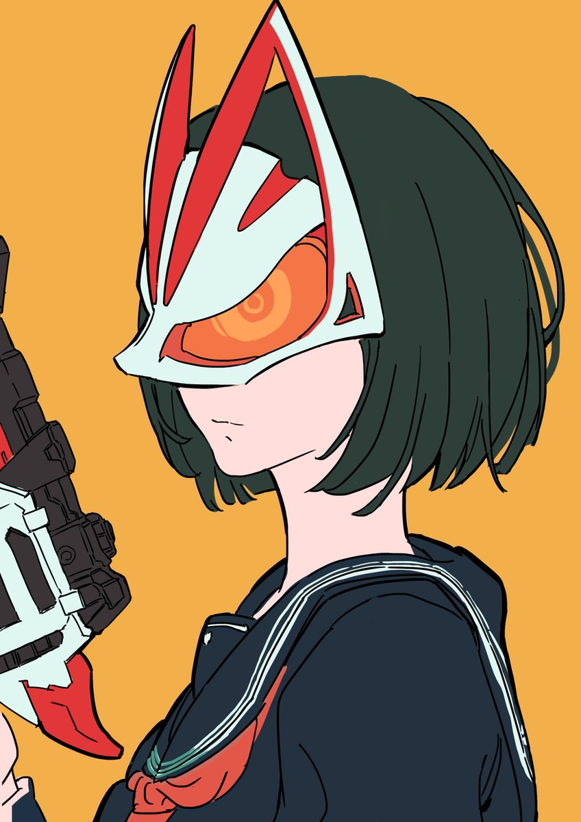 dahe z, kamen rider geats, shimizu hinako, kamen rider, kamen rider geats (series), silent hill (series), silent hill f, commentary, highres, 1girl, black hair, black serafuku, fox mask, gun, holding, holding gun, holding weapon, magnum shooter 40x, mask, neckerchief, orange background, profile, red neckerchief, school uniform, serafuku, simple background, upper body, weapon