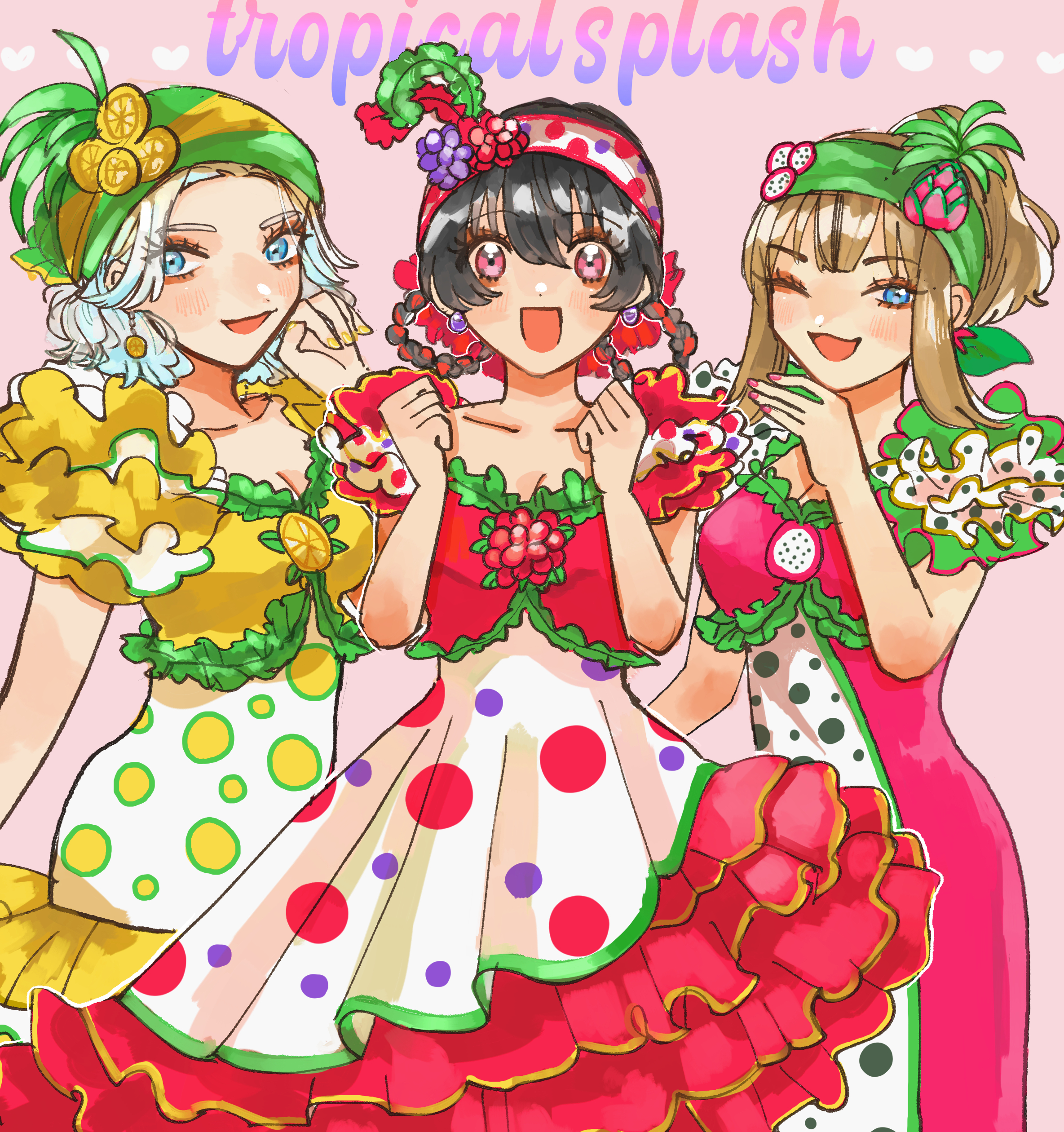 47music2, clarice (disney), daisy duck, minnie mouse, mickey mouse & friends, absurdres, highres, 3girls, animification, brooch, brown hair, dress, flower, gloves, hair flower, hair ornament, humanization, jewelry, looking at viewer, multiple girls, open mouth, personification, short hair, smile, upper body