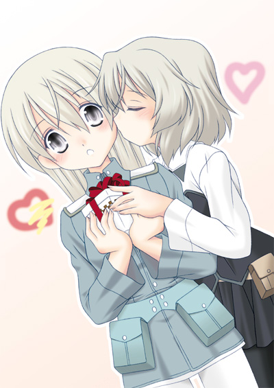 isa (ni-iro), eila ilmatar juutilainen, sanya v. litvyak, strike witches, world witches series, bad id, bad pixiv id, 00s, 2girls, black pantyhose, blush, couple, gift, holding, holding gift, kiss, military, military uniform, multiple girls, pantyhose, white pantyhose, yuri