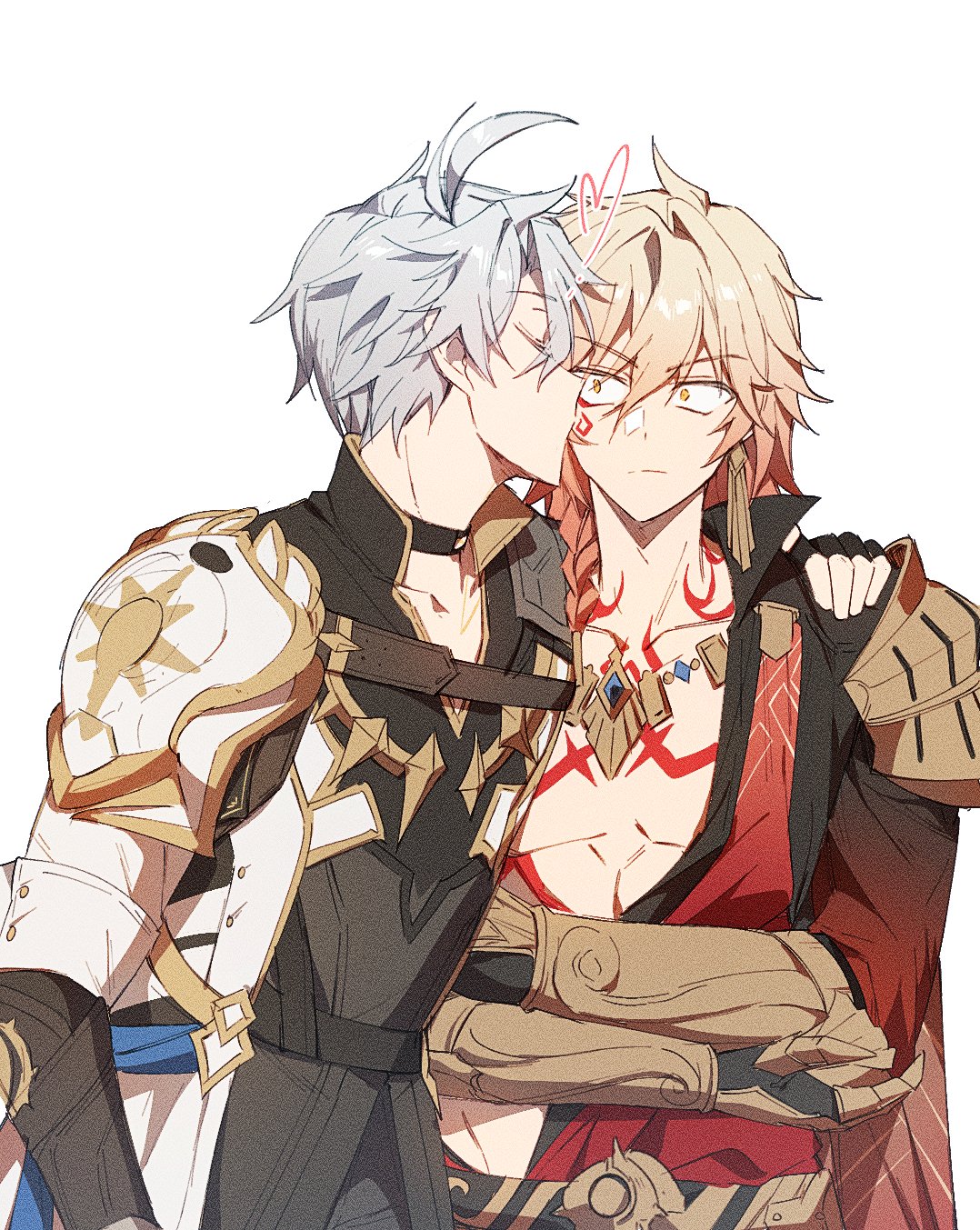 bl tarock, mydei (honkai: star rail), phainon (honkai: star rail), honkai: star rail, honkai (series), hashtag-only commentary, highres, 2boys, antenna hair, arm around shoulder, arm tattoo, armlet, armor, black choker, black coat, black gloves, black shirt, blonde hair, braid, chest tattoo, choker, clawed gauntlets, closed eyes, coat, constricted pupils, earrings, facial tattoo, fingerless gloves, gloves, gold earrings, gold necklace, gradient hair, hand on another's shoulder, jewelry, kiss, kissing cheek, male focus, medium hair, multicolored hair, multiple boys, neck tattoo, necklace, open clothes, open coat, parted bangs, pauldrons, red hair, red tattoo, shirt, short hair, shoulder armor, side braid, simple background, single pauldron, tattoo, white background, white coat, white hair, yaoi, yellow eyes