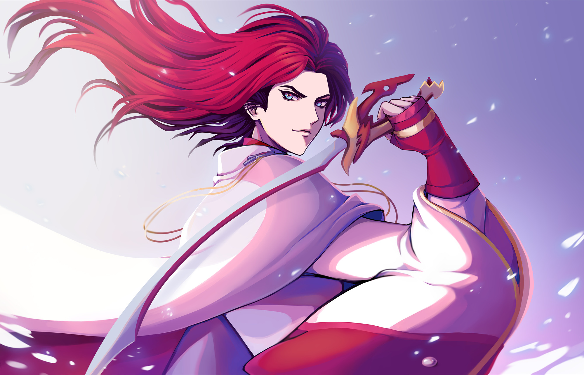 inimoose, pili budaixi, character request, highres, 1boy, blue eyes, closed mouth, floating hair, holding, holding sword, holding weapon, long hair, long sleeves, looking back, male focus, red hair, solo, sword, weapon