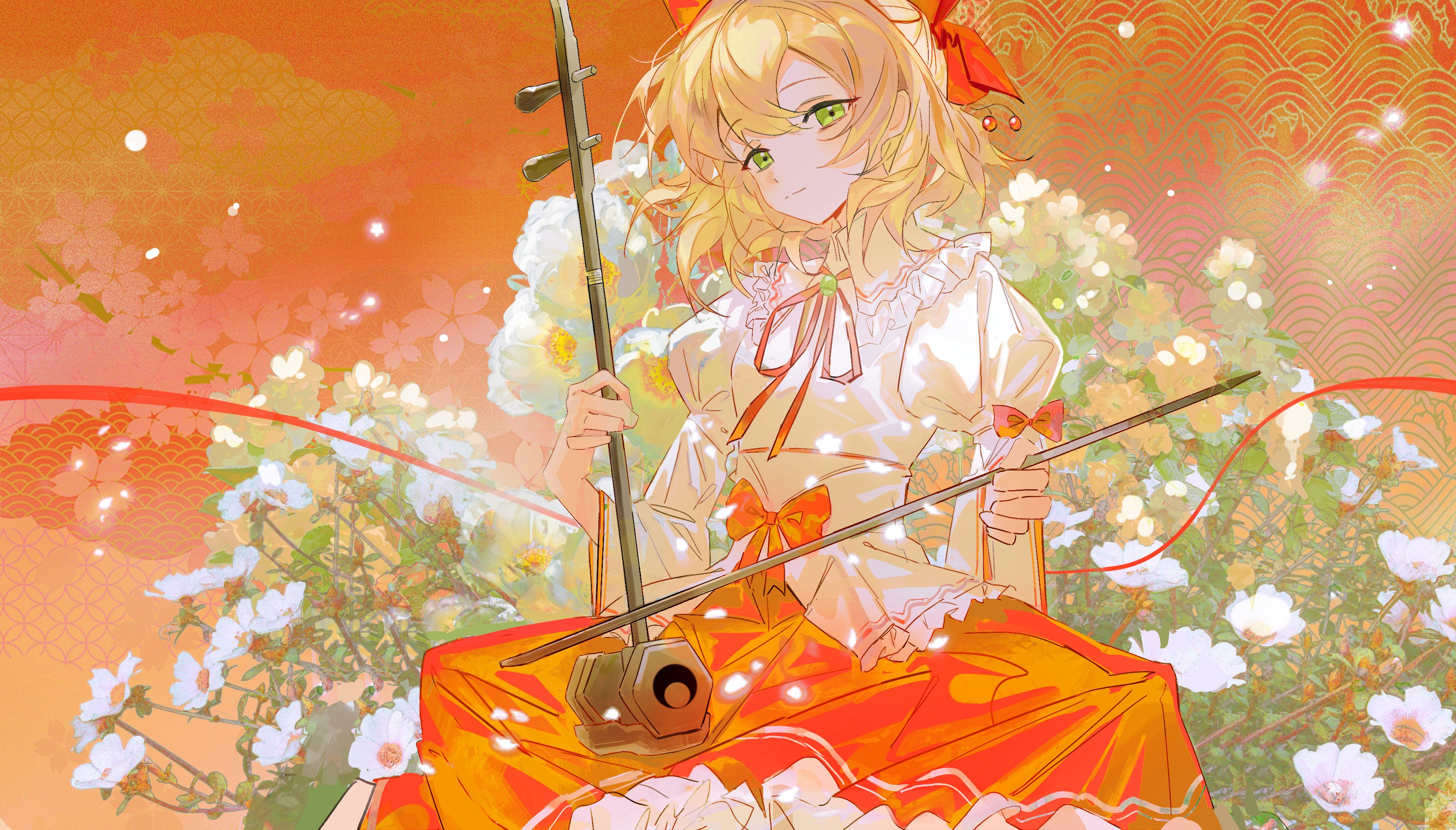 axleaki, satsuki rin, touhou, absurdres, commentary request, highres, 1girl, blonde hair, bow, closed mouth, erhu, floral background, flower, frilled shirt collar, frilled skirt, frills, green eyes, hair bow, hands up, holding, holding instrument, indian style, instrument, juliet sleeves, light smile, long sleeves, medium hair, neck ribbon, orange background, puffy sleeves, red bow, red ribbon, red skirt, ribbon, sakuramon, seigaiha, shirt, sitting, skirt, solo, split mouth, white flower, white shirt