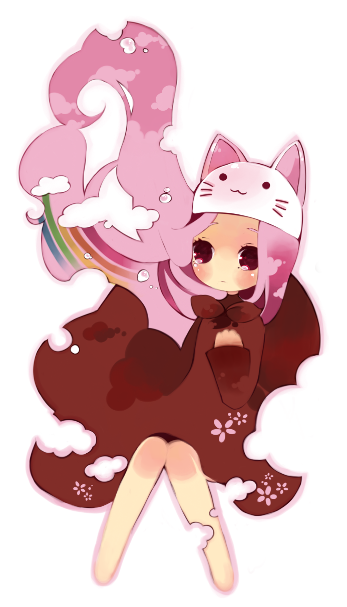 rinju umisu, sumisu (rinsumi), megurine luka, megurine luka (toeto), toeto (vocaloid), vocaloid, bad id, bad pixiv id, highres, 1girl, :3, animal hat, barefoot, cat hat, female focus, hat, long hair, pink hair, rainbow, solo, tears, very long hair