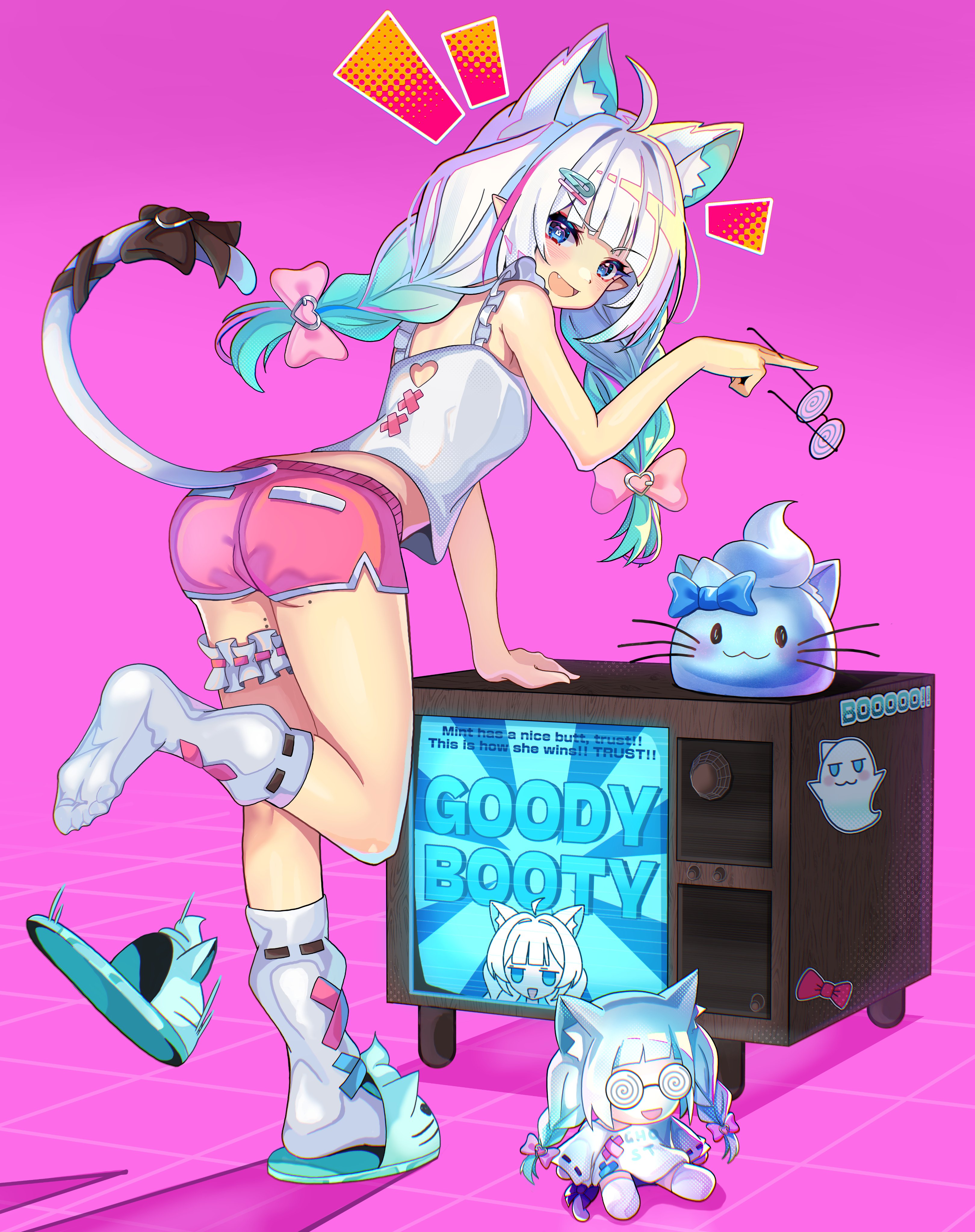 septhy, mint fantome, mint fantome (otaku), indie virtual youtuber, absurdres, highres, 1girl, ahoge, animal ears, blue eyes, cat ears, cat girl, cat tail, character doll, coke-bottle glasses, crt, doll, glasses, green hair, green slippers, hair ornament, hairpin, holding, holding removed eyewear, looking at viewer, mole, mole on thigh, multicolored hair, open mouth, pink shorts, shirt, shorts, slippers, smile, socks, solo, streaked hair, tail, television, unworn eyewear, white hair, white shirt, white socks
