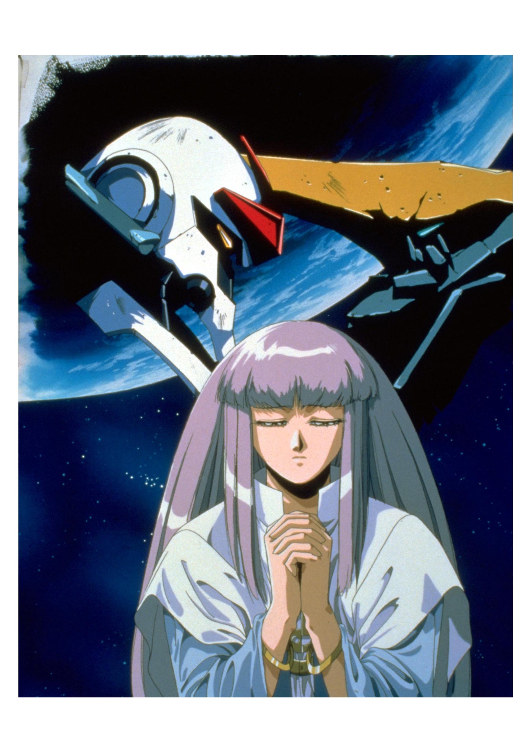 kumi jefferson, orgun, detonator orgun, absurdres, highres, official art, 1990s (style), 1girl, closed eyes, long hair, mecha, retro artstyle, robot