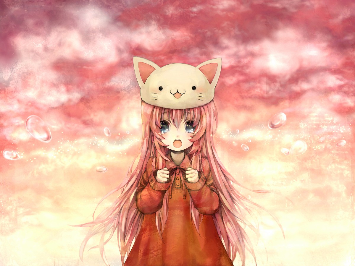 anko kinako, megurine luka, megurine luka (toeto), toeto (vocaloid), vocaloid, 1girl, :3, animal hat, blue eyes, cat hat, clenched hands, female focus, hat, long hair, looking at viewer, pink hair, solo, tears