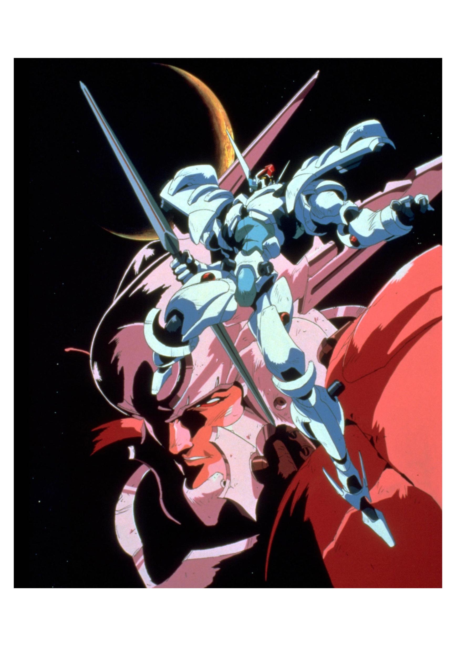 oobari masami, orgun, shindou tomoru, detonator orgun, absurdres, highres, official art, 1990s (style), 1boy, male focus, mecha, retro artstyle, robot, solo, space