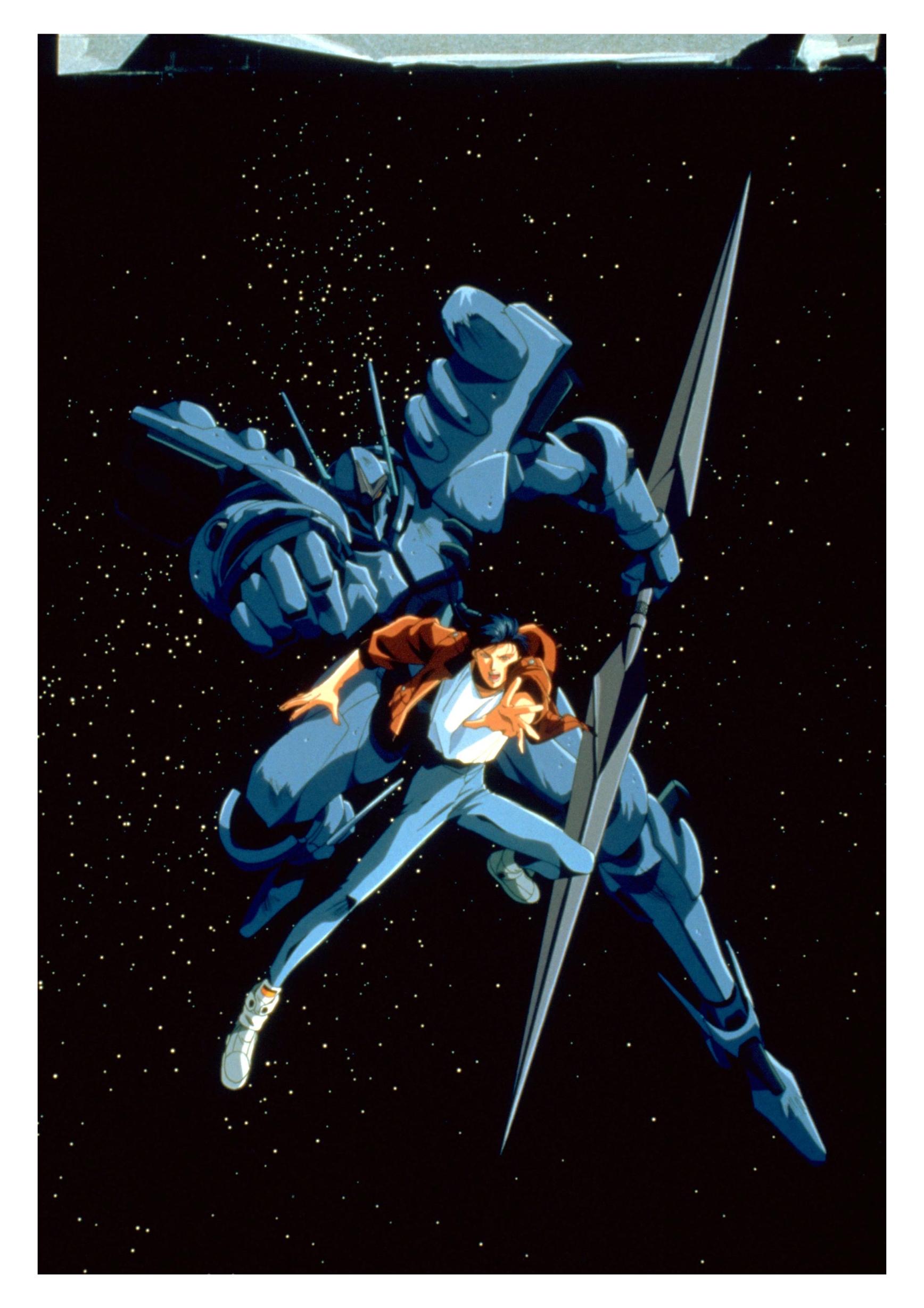 orgun, shindou tomoru, detonator orgun, absurdres, highres, official art, 1990s (style), 1boy, male focus, mecha, retro artstyle, robot, solo, space, star (symbol)