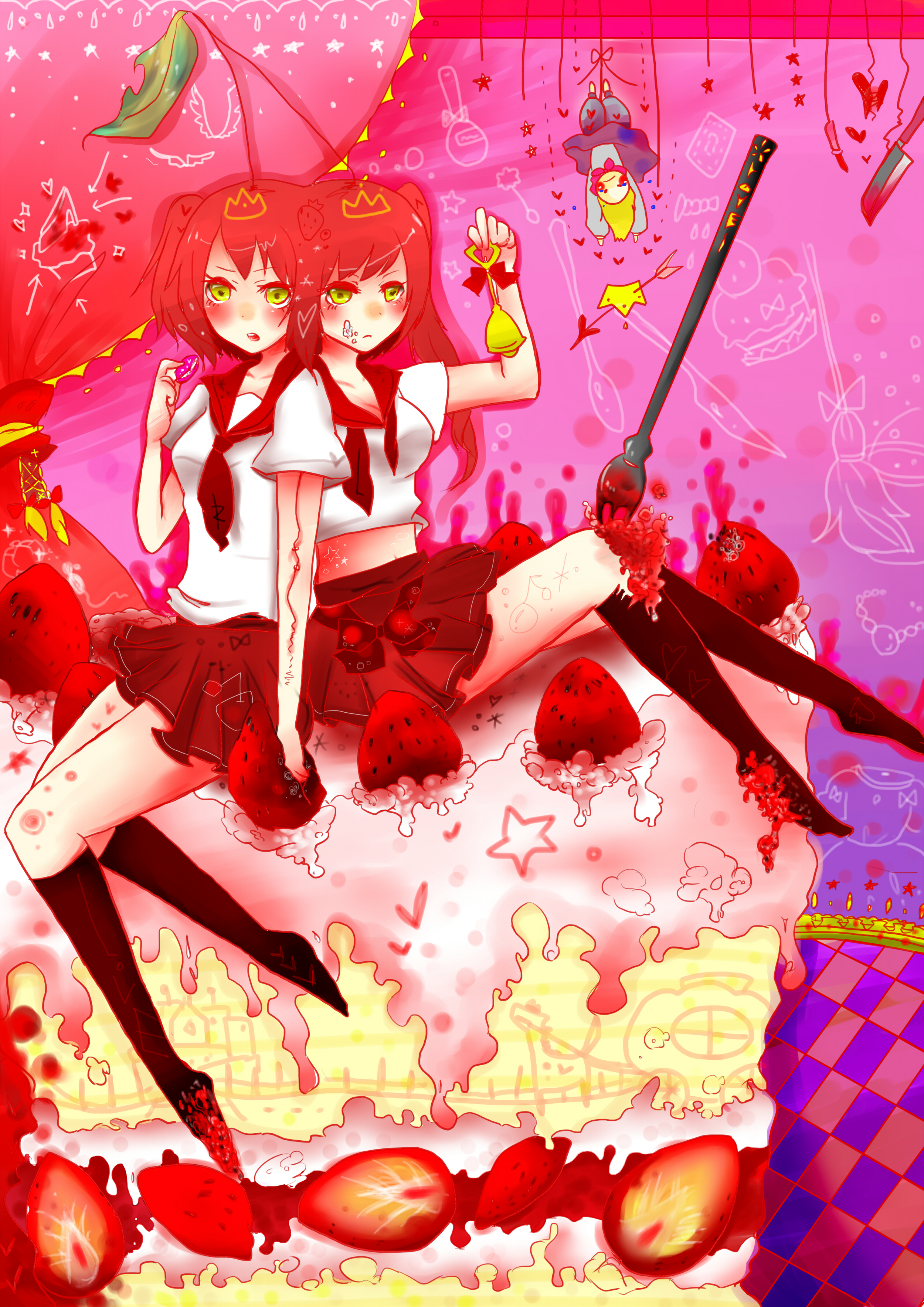 original, absurdres, highres, 2girls, cake, conjoined, food, multiple girls, multiple heads, nagase (tfxck167), red hair, school uniform, siblings, sweets, twins