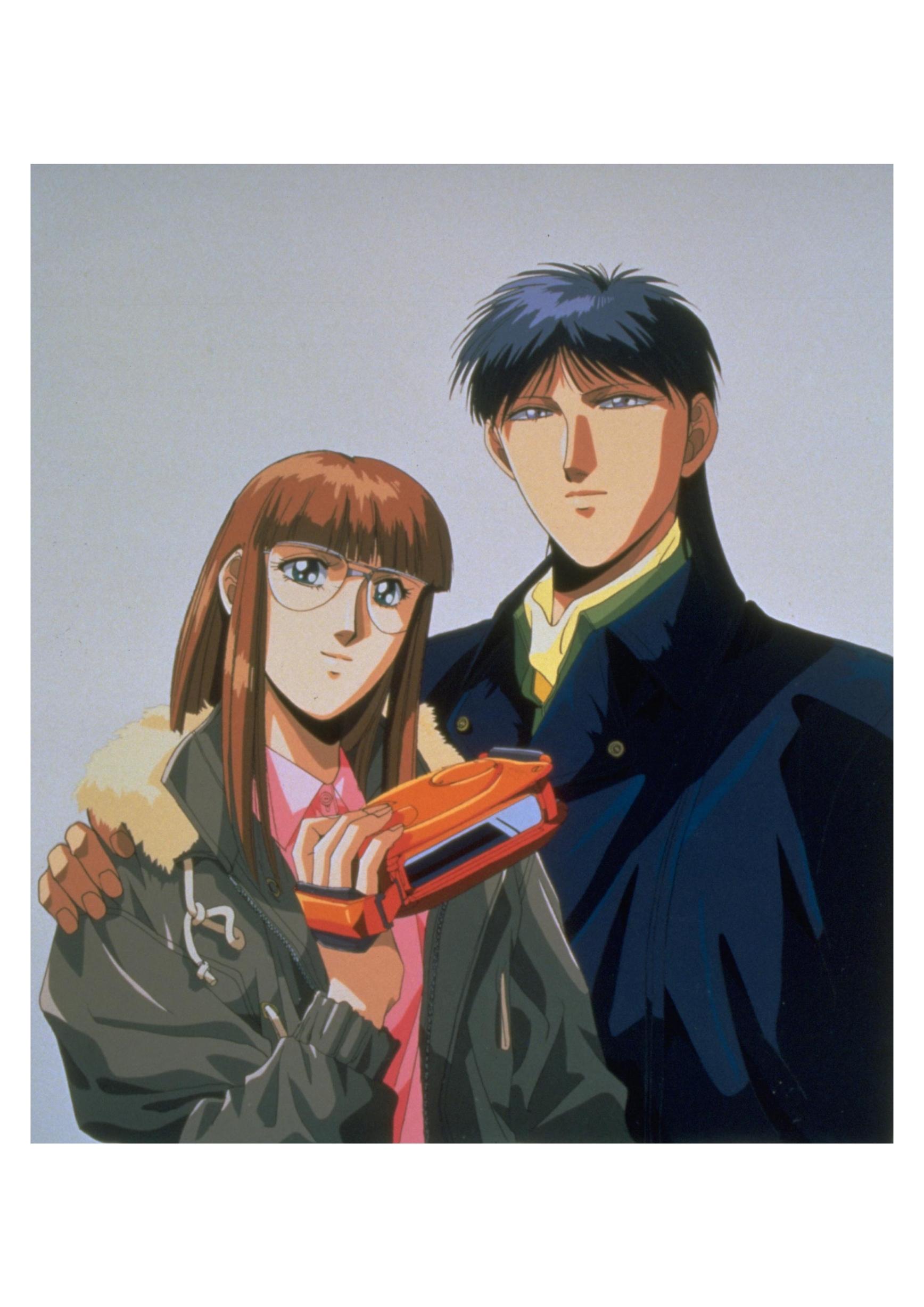 kanzaki michi, michi kanzaki, shindou tomoru, detonator orgun, absurdres, highres, official art, 1990s (style), 1boy, 1girl, brown hair, camera, glasses, long hair, retro artstyle