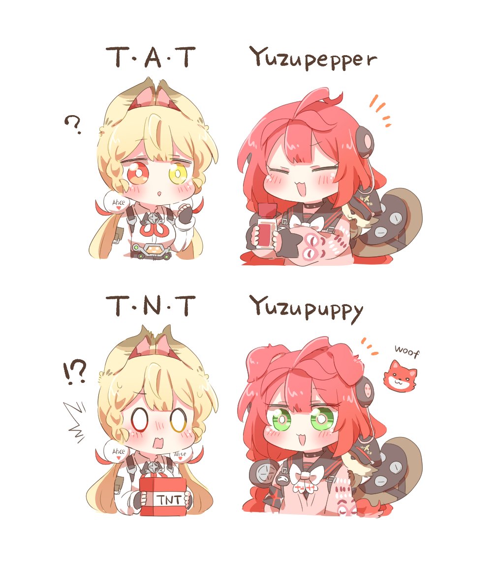 rebecca (keinelove), alice thymefield, ukinami yuzuha, minecraft, zenless zone zero, commentary request, 2girls, :3, :d, ahoge, animal ears, blonde hair, blush, bow, chibi, chibi only, closed eyes, cropped torso, dog ears, dog girl, explosive, green eyes, kemonomimi mode, long hair, long sleeves, multiple girls, open mouth, rabbit ears, rabbit girl, red bow, shirt, simple background, smile, tnt, white background, white shirt