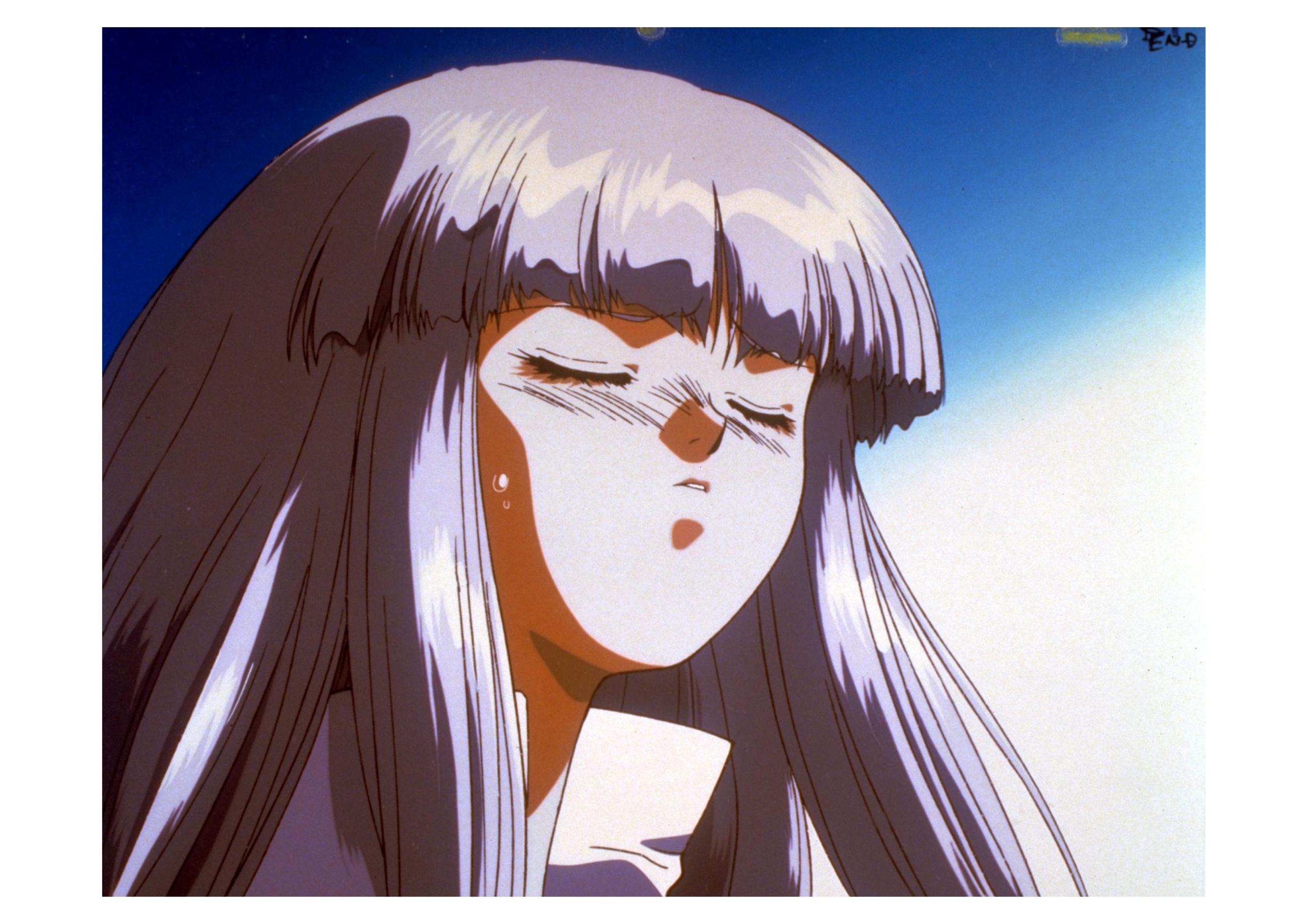 kumi jefferson, detonator orgun, highres, official art, 1990s (style), 1girl, closed eyes, female focus, long hair, purple hair, retro artstyle, solo