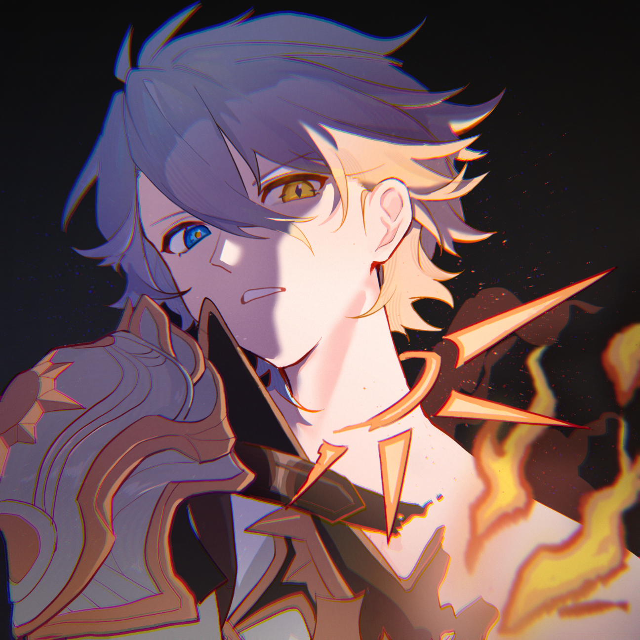 phainon (honkai: star rail), phainon (khaslana) (honkai: star rail), honkai: star rail, honkai (series), chinese commentary, highres, 1boy, armor, black background, clenched teeth, coat, curly hair, fire, glowing, grey hair, hair between eyes, head tilt, heterochromia, intermittent-reset, leaning to the side, multicolored hair, official alternate, parted lips, powering up, shade, shoulder armor, solo, symbol-shaped pupils, teeth, transformation, upper body